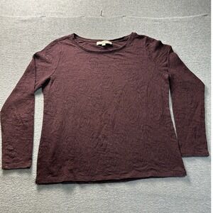 LOFT Womens Large Burgundy Plum Jacquard Long Sleeve Top Textured‎ Blouse